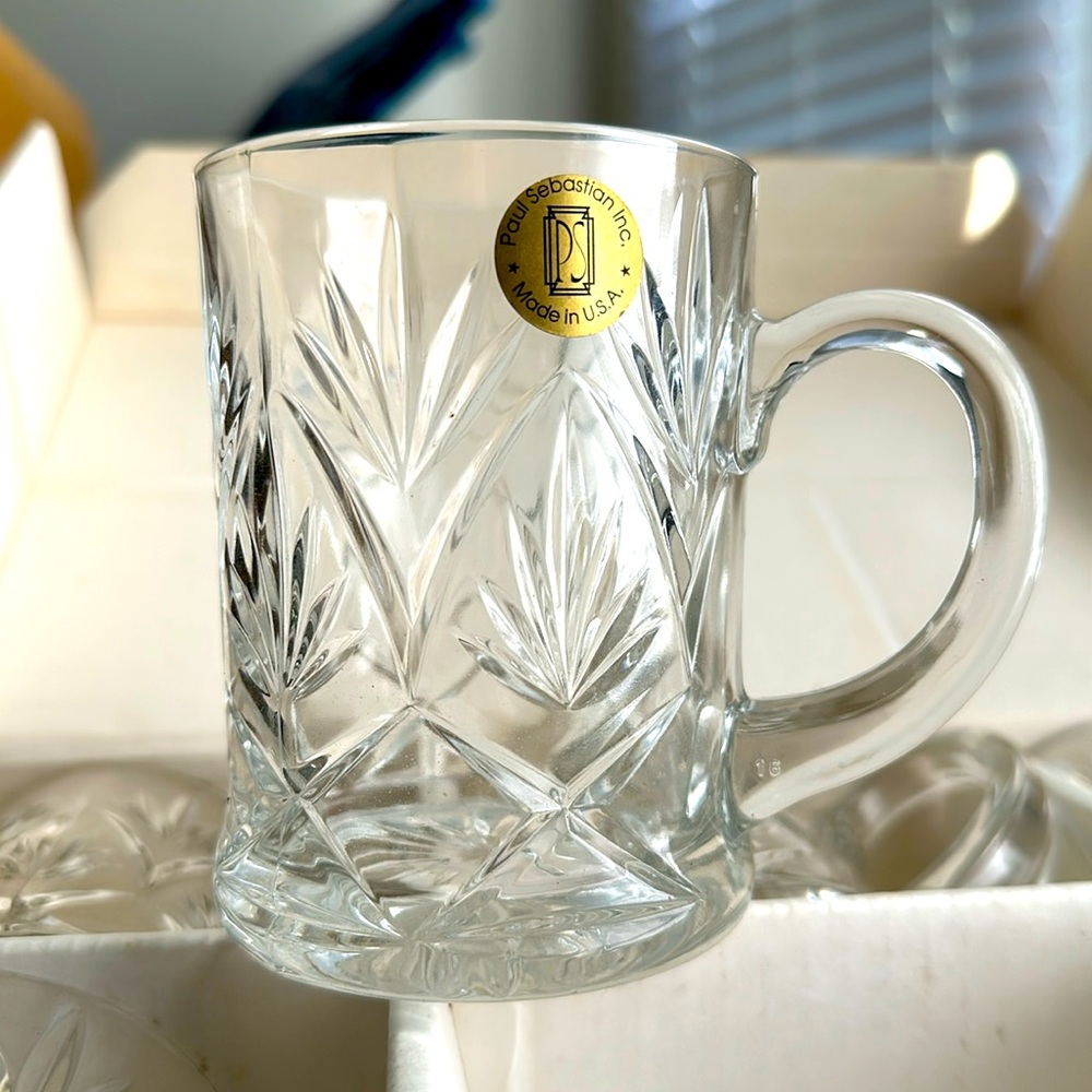 NWT 6 Vintage Paul Sebastian Fine Crystal Mugs in Original Box 1980’s Glass Gift